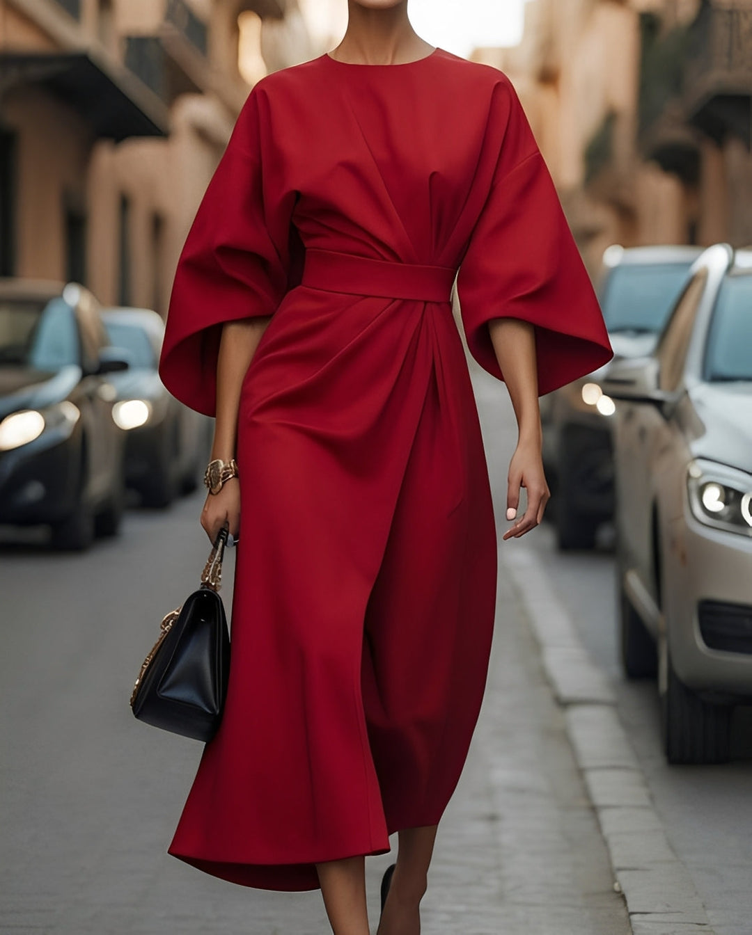 Nancy - Elegantní midi šaty s balónovými rukávy pro ženy