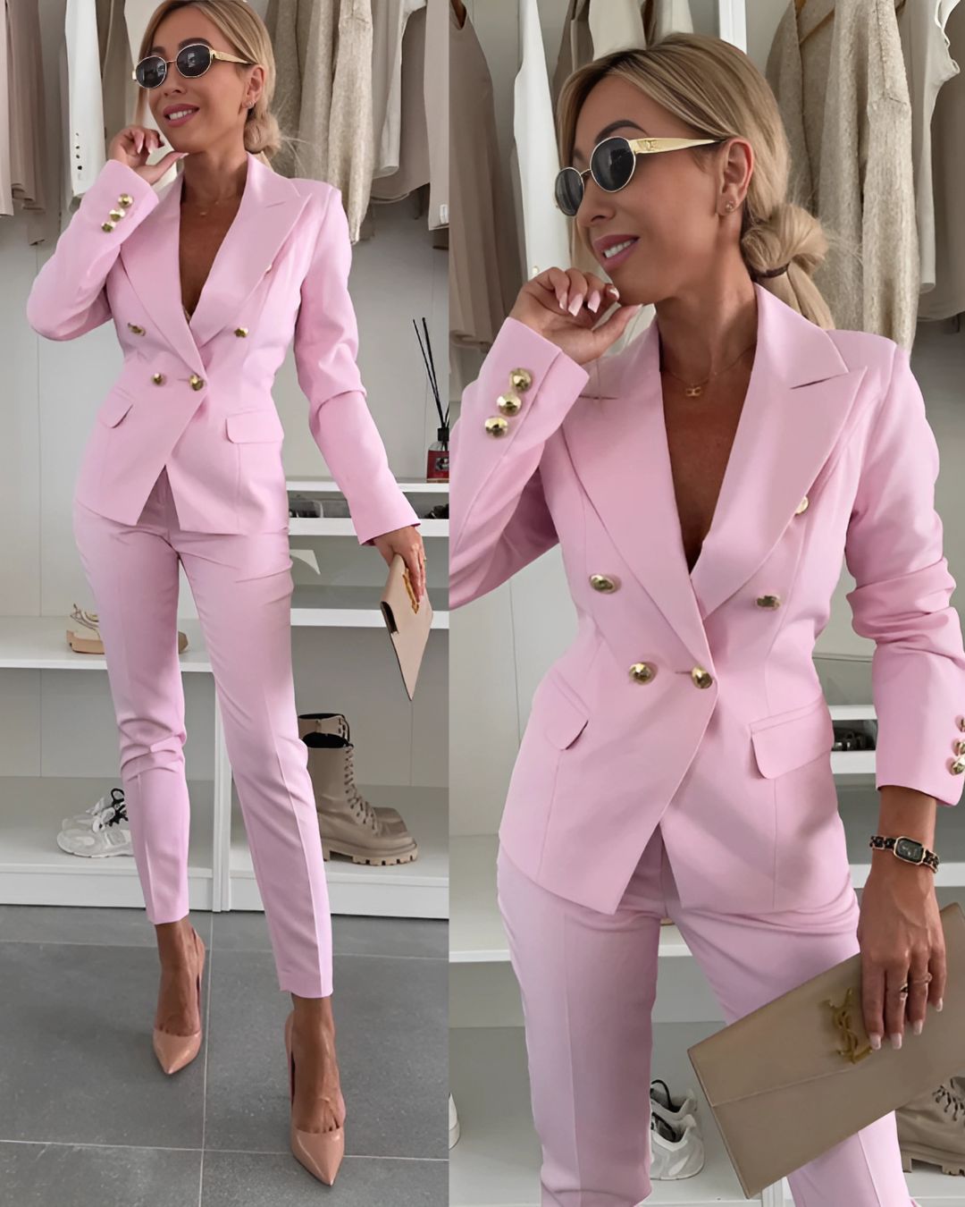 Dámský dvojitý knoflík – Přizpůsobený blazer a elegantní kalhoty