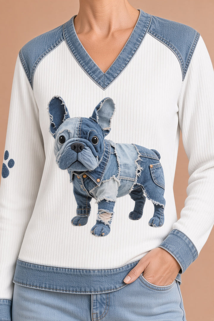 Abril – Taiteellinen patchwork-denimtoppi naisille, ranskanbulldoggi ja V-pääntie – kuva 5