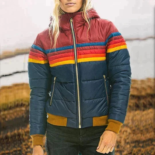 Dámská péřová bunda s kapucí ve vintage stylu Color Block