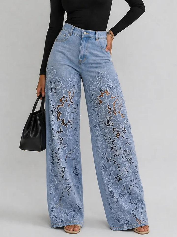 Naisten leveälahkeiset farkut | Denim, kukkapitsi | Rento istuvuus