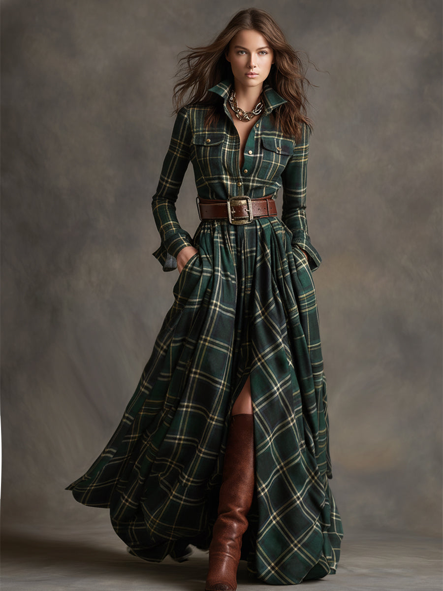 Giulia - Dlouhá kostkovaná šaty v hnědočervené barvě s límcem a retro etnickým stylem