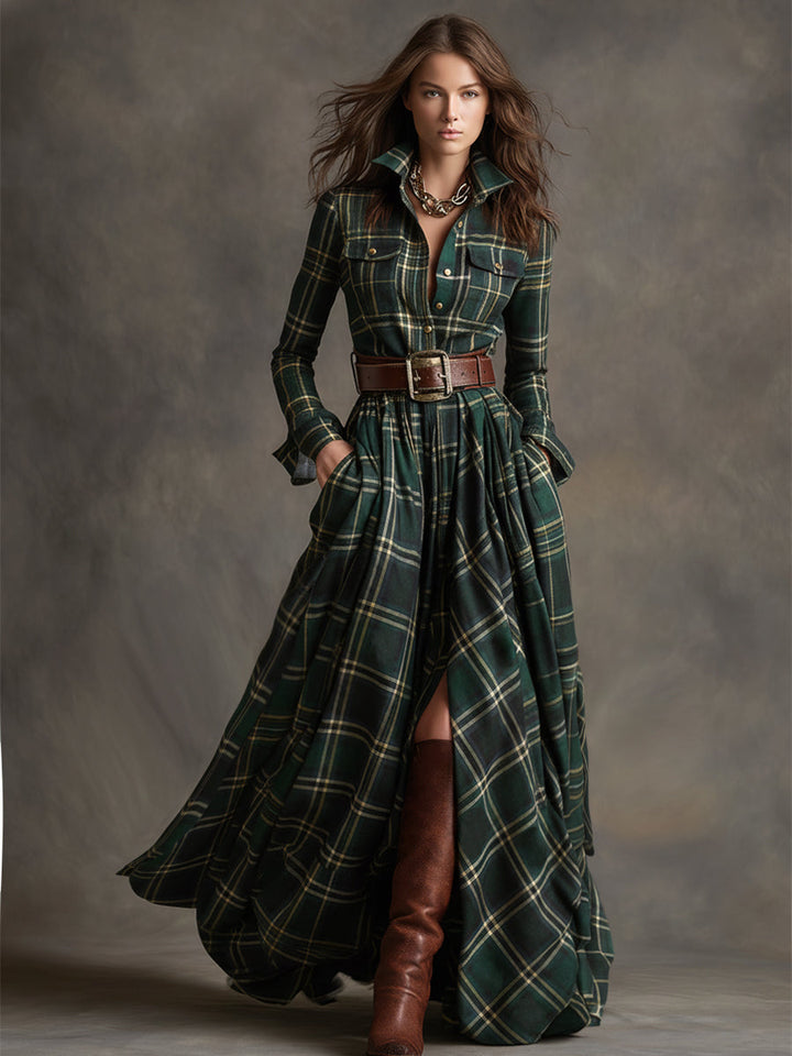 Giulia - Dlouhá kostkovaná šaty v hnědočervené barvě s límcem a retro etnickým stylem