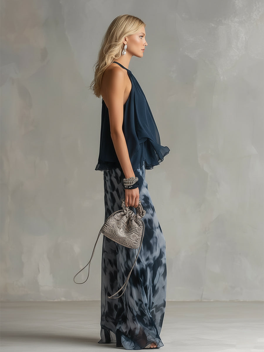 Ludovica | Elegantní top s halterem v námořnické modři a volné tištěné kalhoty