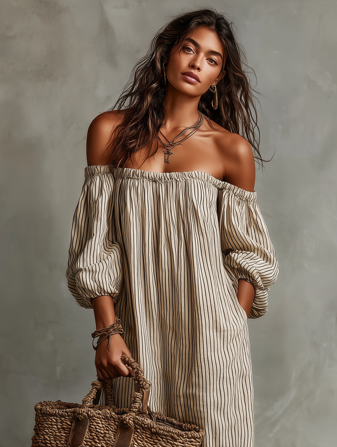 Maxi Šaty z Bavlny a Lnu s Odhalenými Rameny a Dlouhými Rukávy pro Ženy