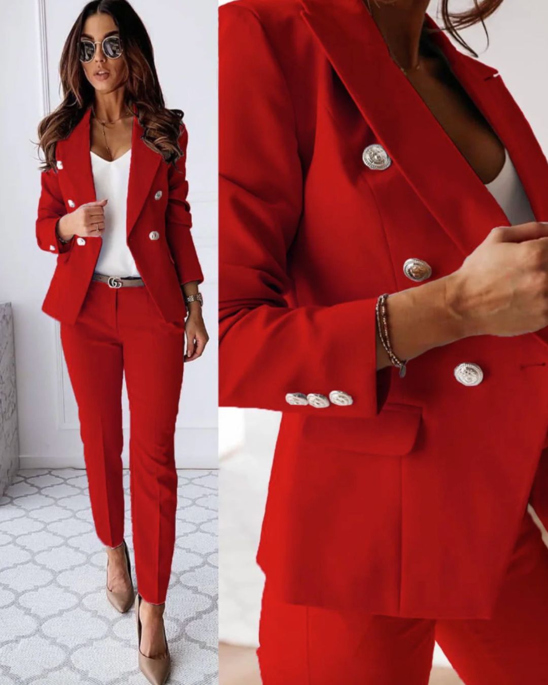 Dámský dvojitý knoflík – Přizpůsobený blazer a elegantní kalhoty