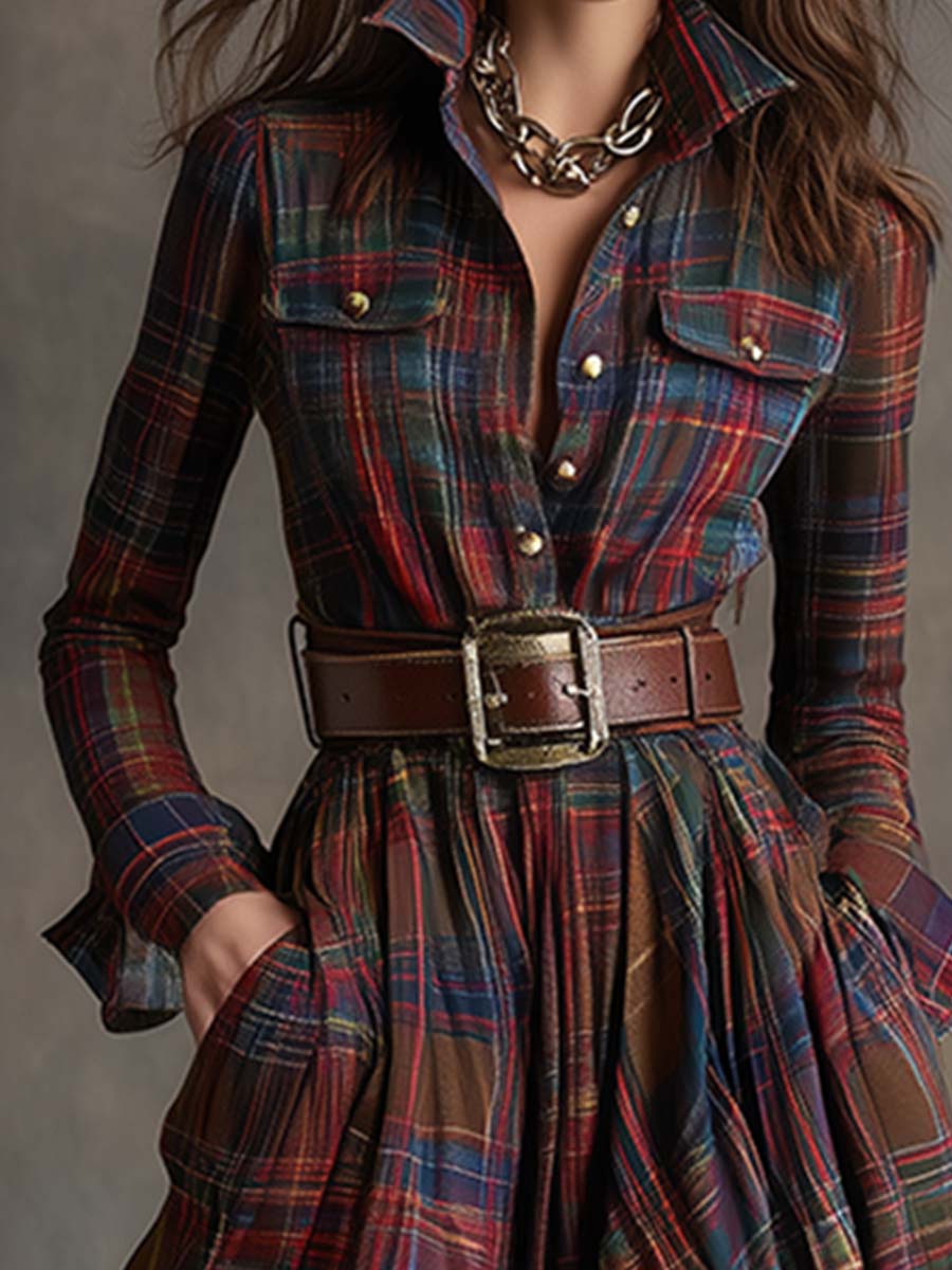 Giulia - Dlouhá kostkovaná šaty v hnědočervené barvě s límcem a retro etnickým stylem