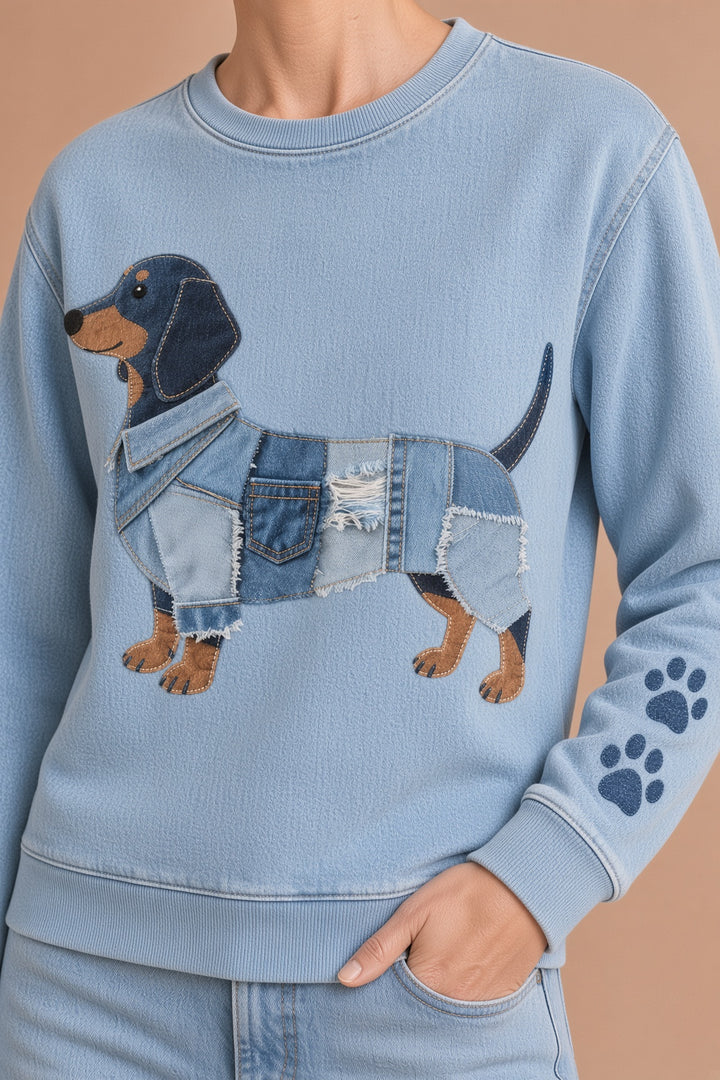 Sol – Naisten huppari denim-patchworkilla ja mäyräkoirakuviolla – kuva 5