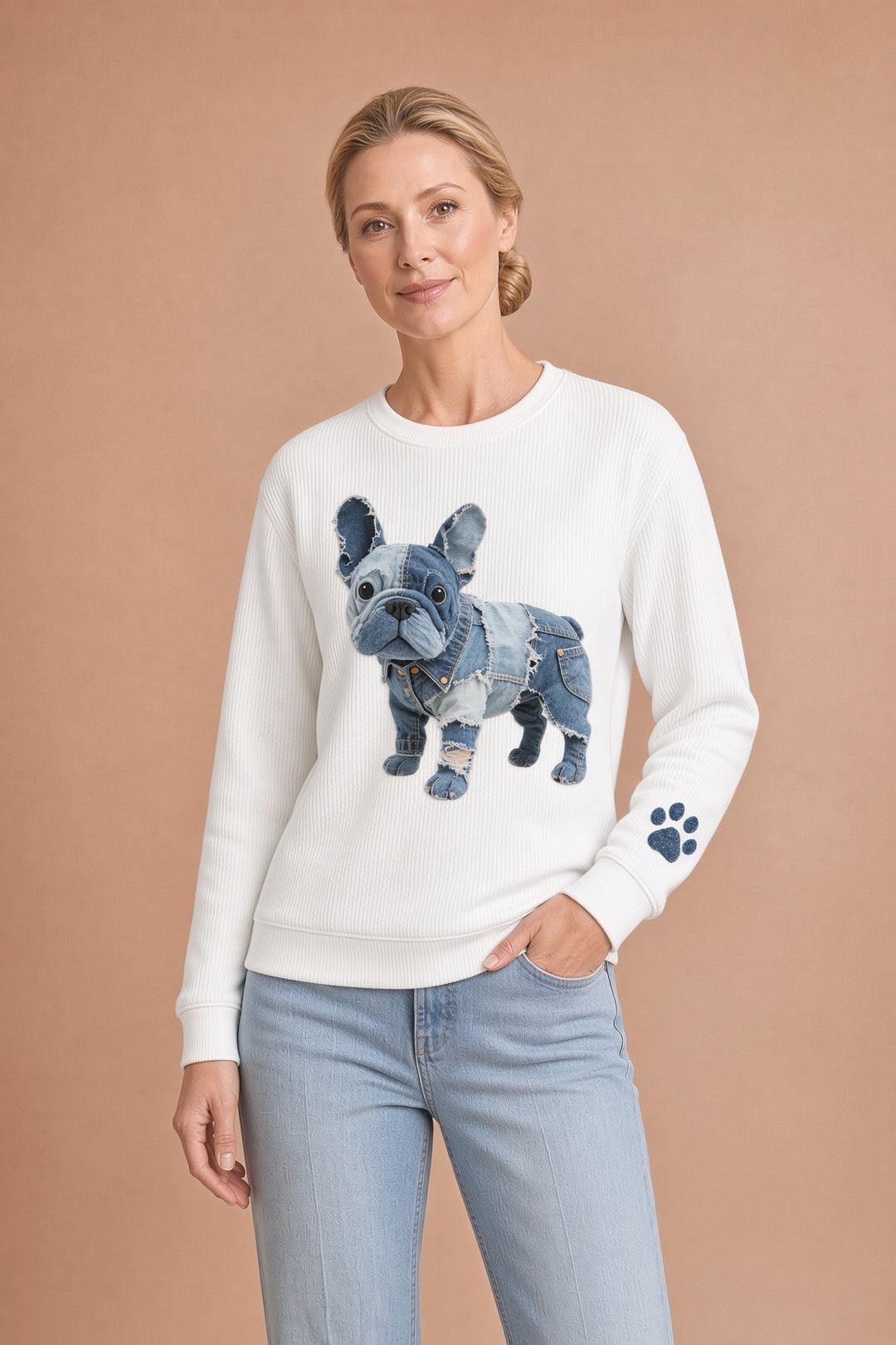 Rosa – Naisten huppari denim-tilkkutyöllä ranskanbulldoggi-tyyliin – kuva 1