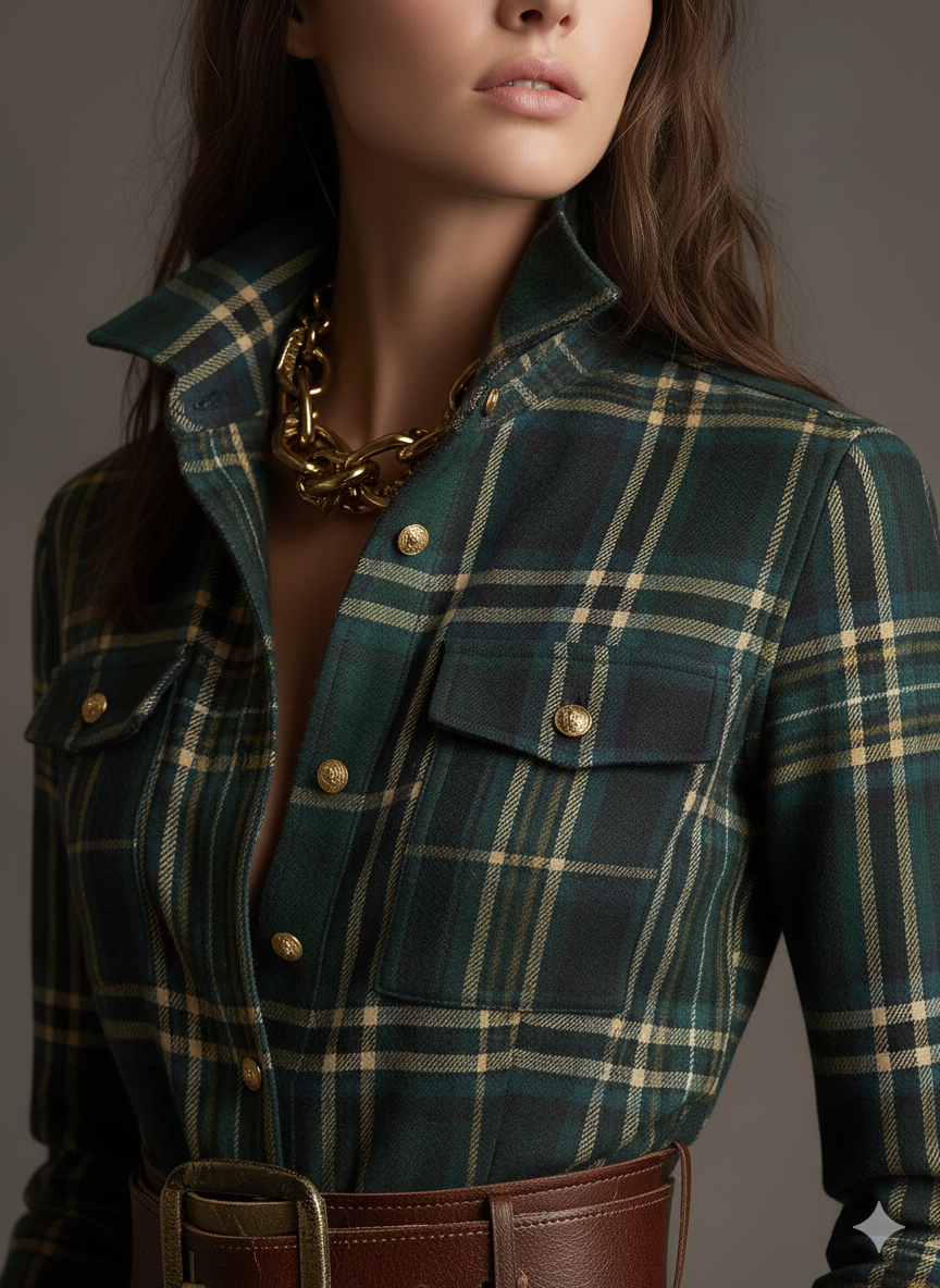 Giulia - Dlouhá kostkovaná šaty v hnědočervené barvě s límcem a retro etnickým stylem