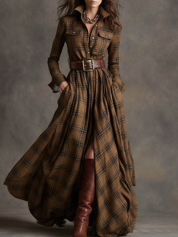 Giulia - Dlouhá kostkovaná šaty v hnědočervené barvě s límcem a retro etnickým stylem