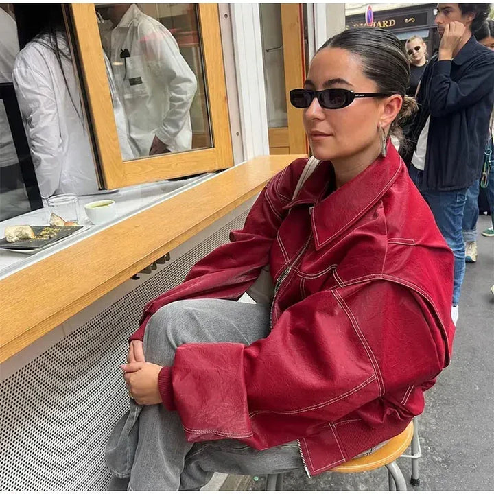 Dámská oversized bunda v červené barvě se zipem