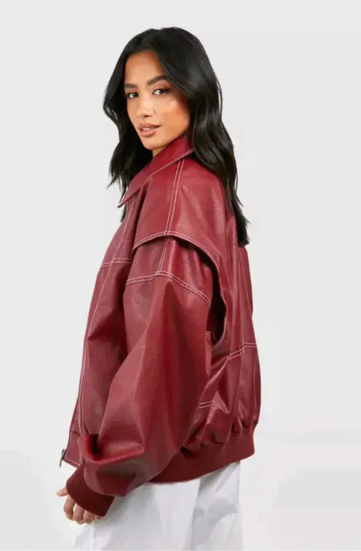 Dámská oversized bunda v červené barvě se zipem