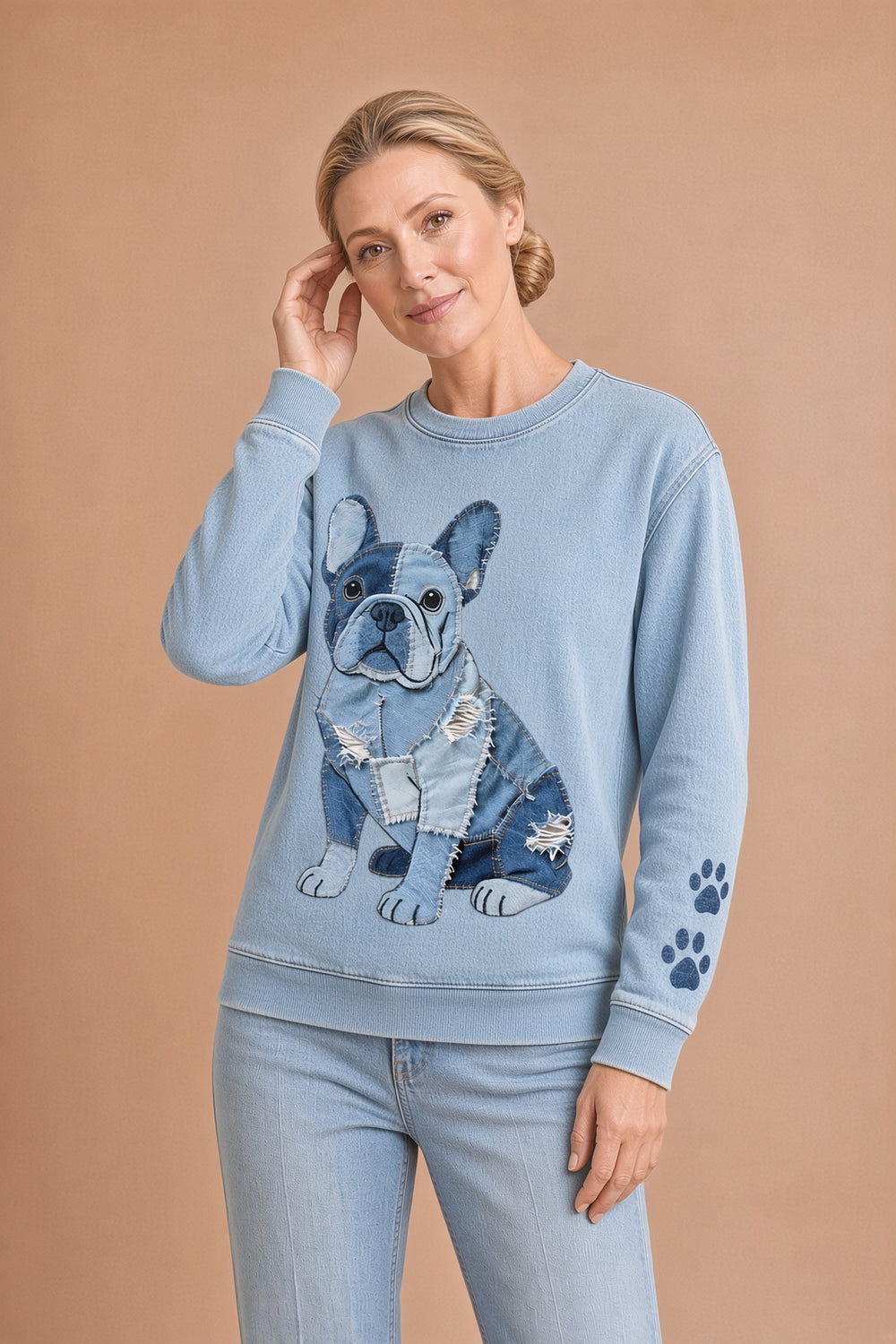 Nina – Naisten huppari denim-patchworkilla ranskanbulldoggityyliin – kuva 2