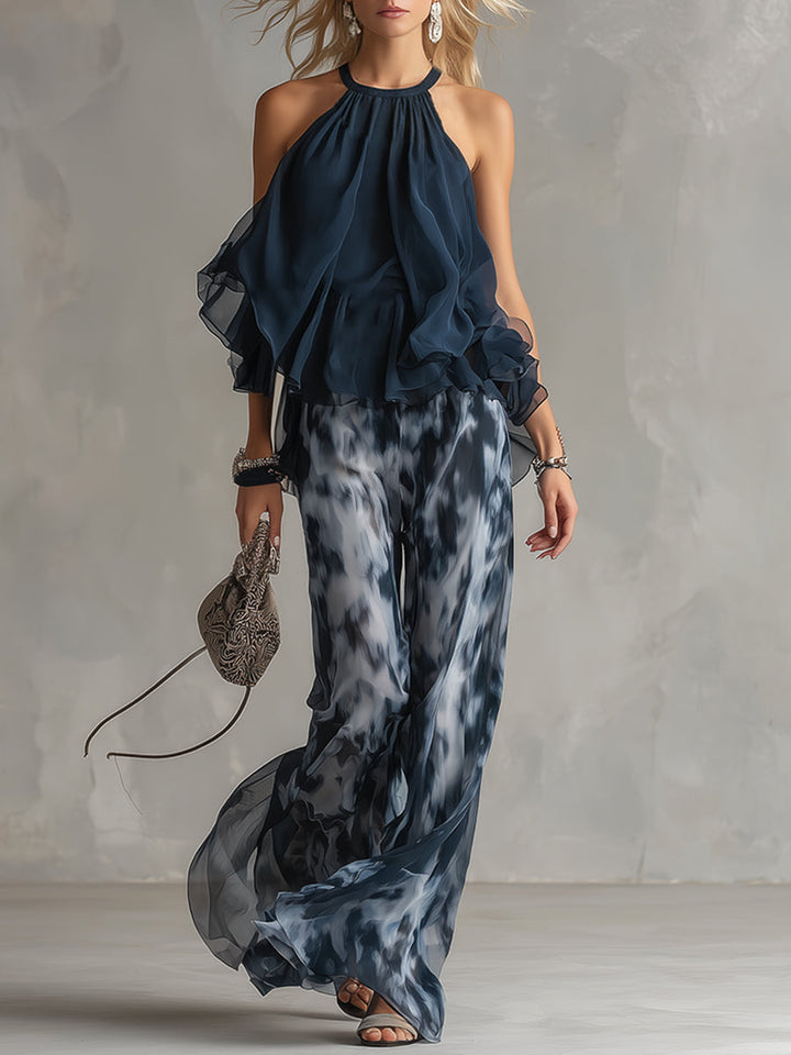 Ludovica | Elegantní top s halterem v námořnické modři a volné tištěné kalhoty