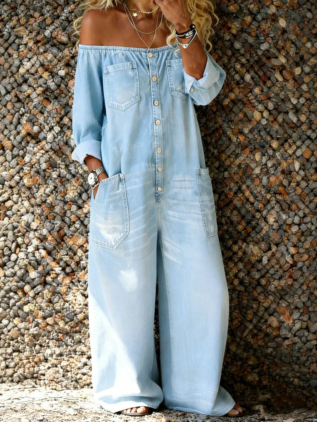 Noa | Džínová salopeta s off-shoulder výstřihem