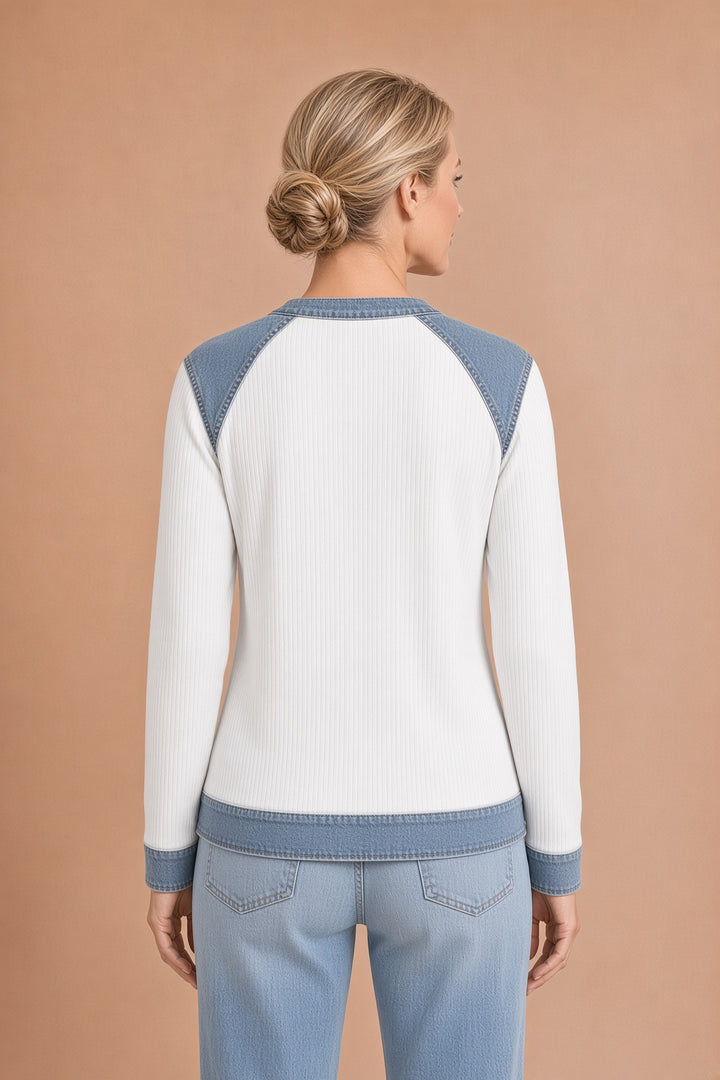 Abril – Taiteellinen patchwork-denimtoppi naisille, ranskanbulldoggi ja V-pääntie – kuva 4