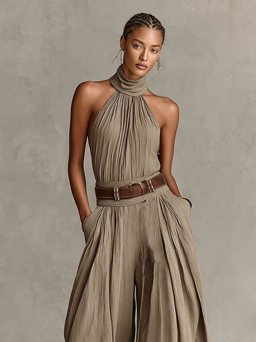 Dámská kombinéza z směsového bavlněného materiálu v taupe s americkým límcem a širokými nohavicemi, nadčasový boho-elegantní styl (bez pásku)