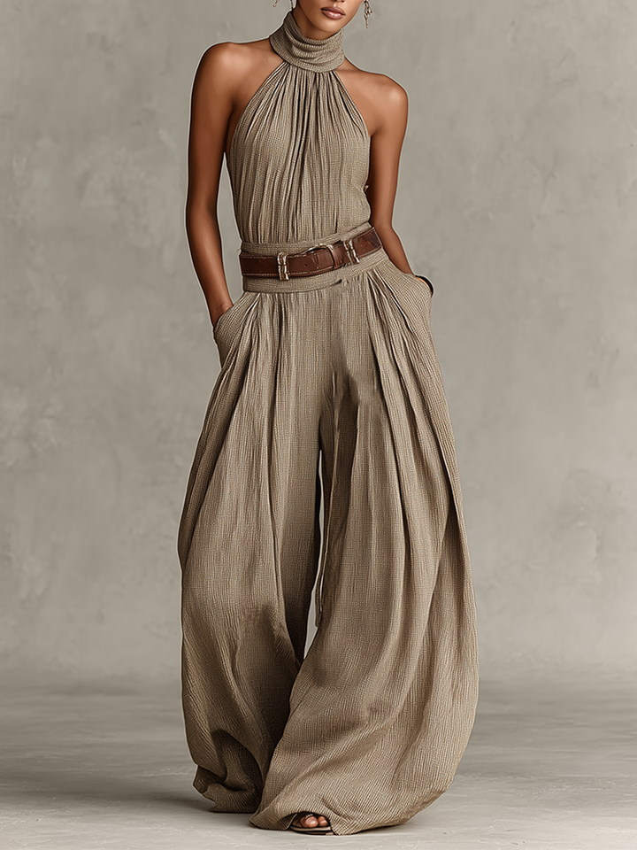 Dámská kombinéza z směsového bavlněného materiálu v taupe s americkým límcem a širokými nohavicemi, nadčasový boho-elegantní styl (bez pásku)