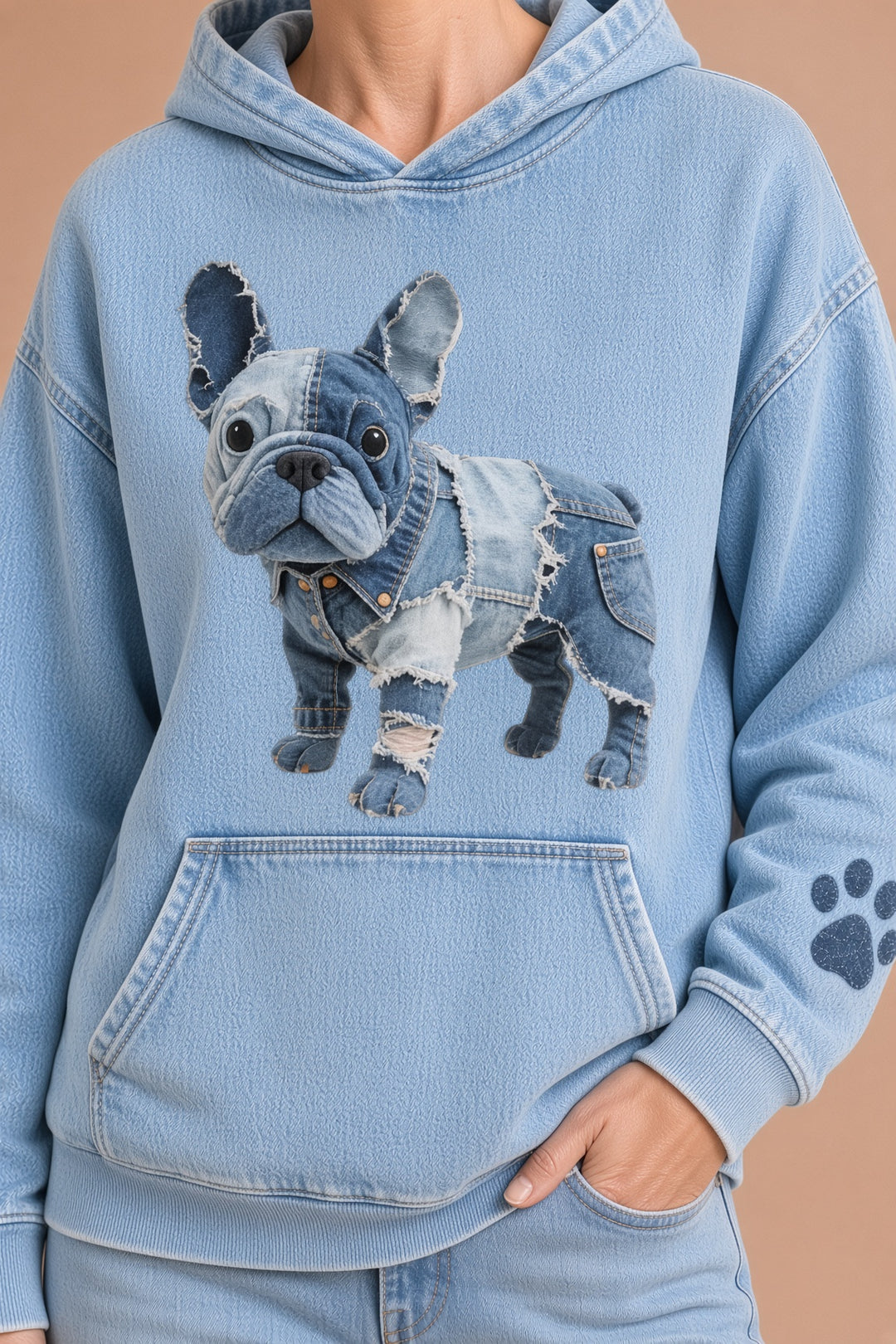 Blanca – Huppari raidallisella ranskanbulldoggilla ja denim-appliikaatiolla naisille – kuva 5
