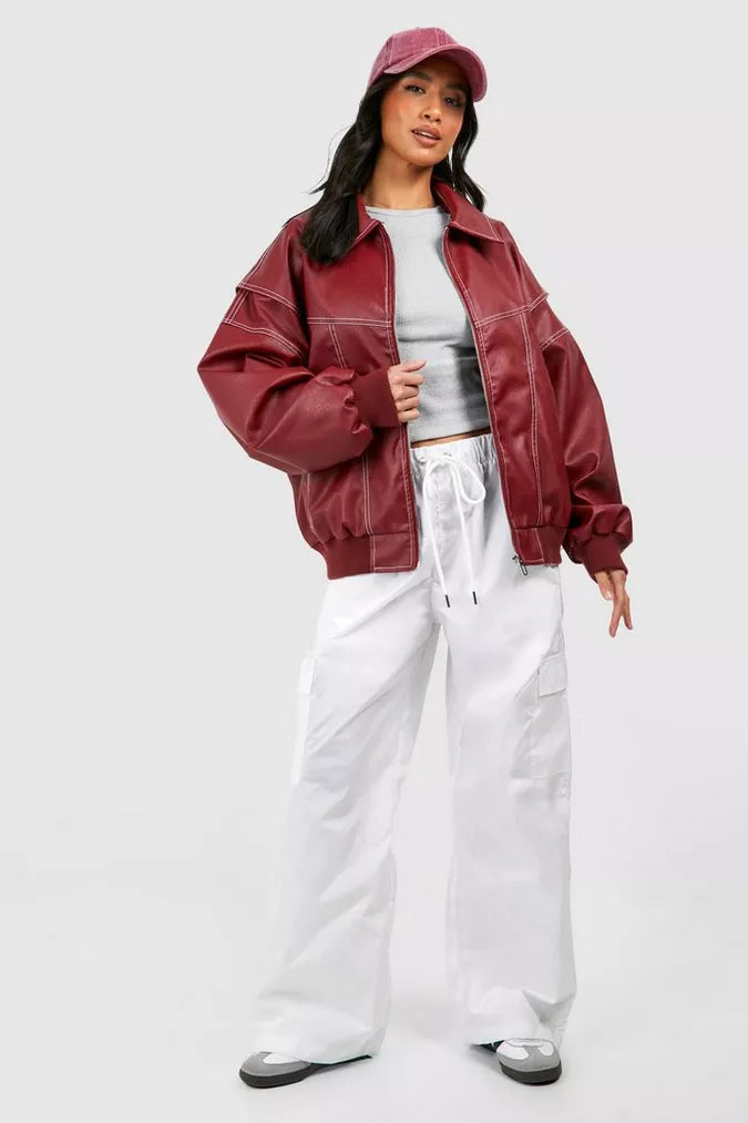 Dámská oversized bunda v červené barvě se zipem