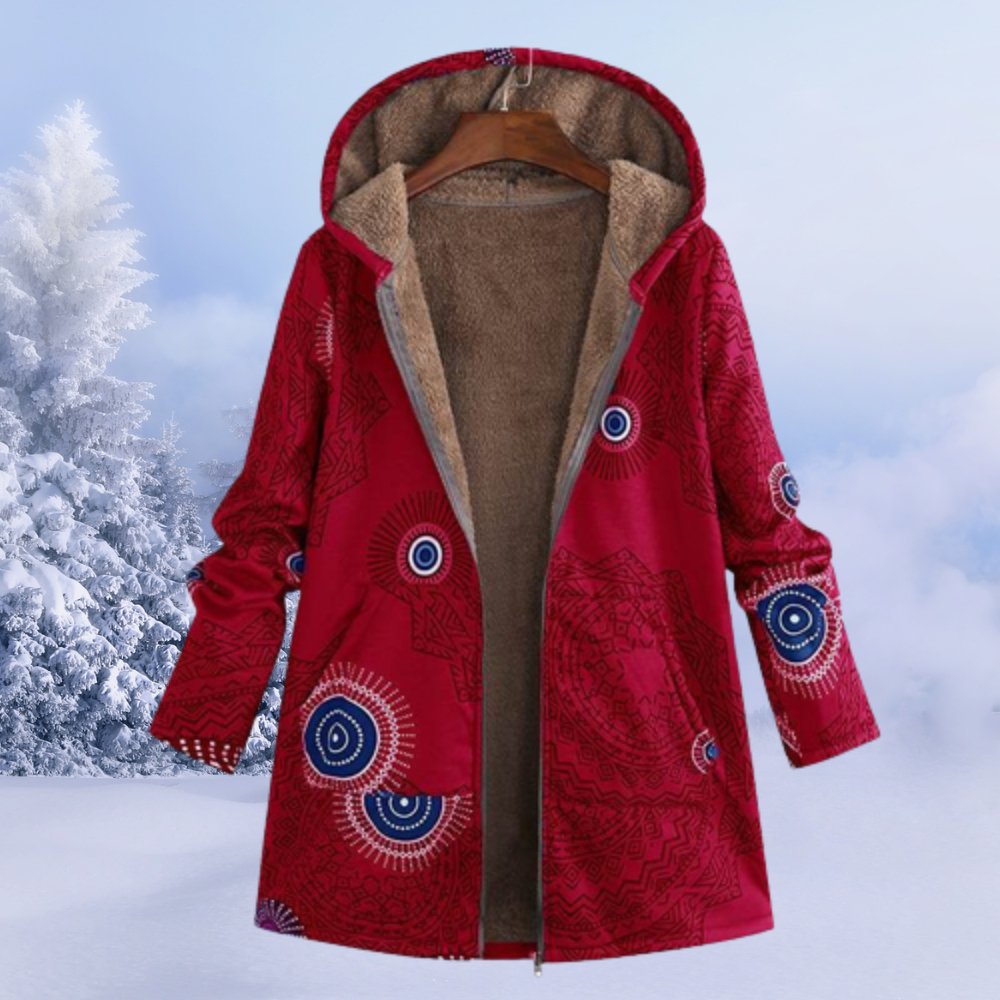 Dámský zimní kabát s kapucí z květovaného sherpa materiálu
