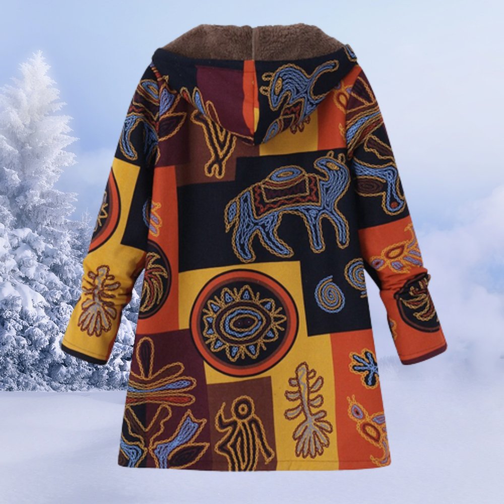 Dámský zimní kabát s kapucí z květovaného sherpa materiálu