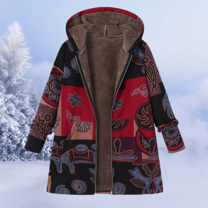 Dámský zimní kabát s kapucí z květovaného sherpa materiálu