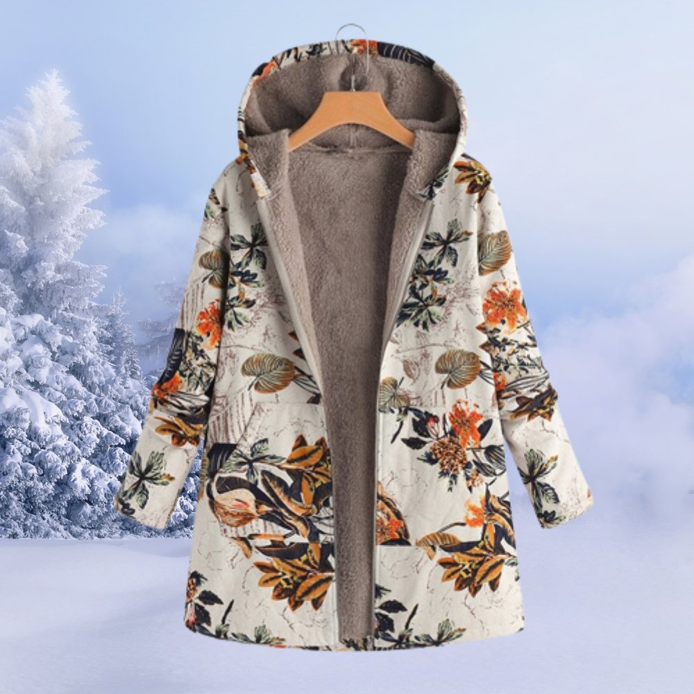 Dámský zimní kabát s kapucí z květovaného sherpa materiálu
