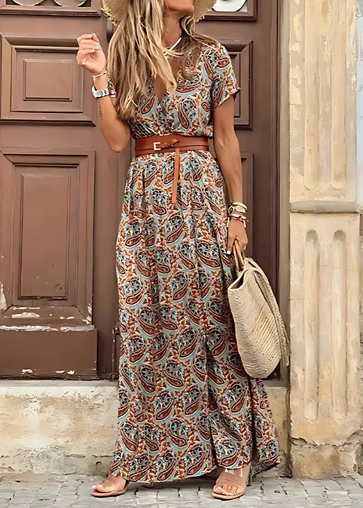 Briony – Elegantní Dlouhá Šaty s Paisley Vzorem a Páskem