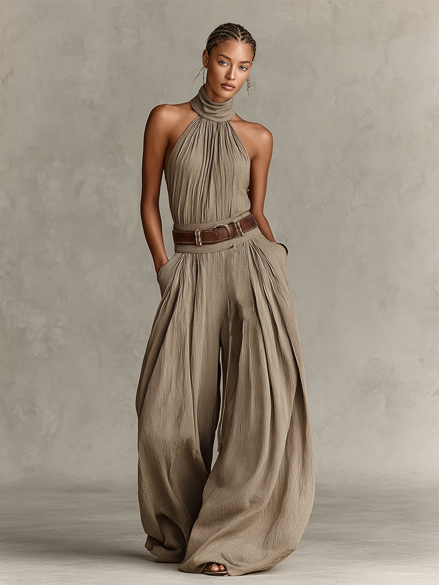 Dámská kombinéza z směsového bavlněného materiálu v taupe s americkým límcem a širokými nohavicemi, nadčasový boho-elegantní styl (bez pásku)