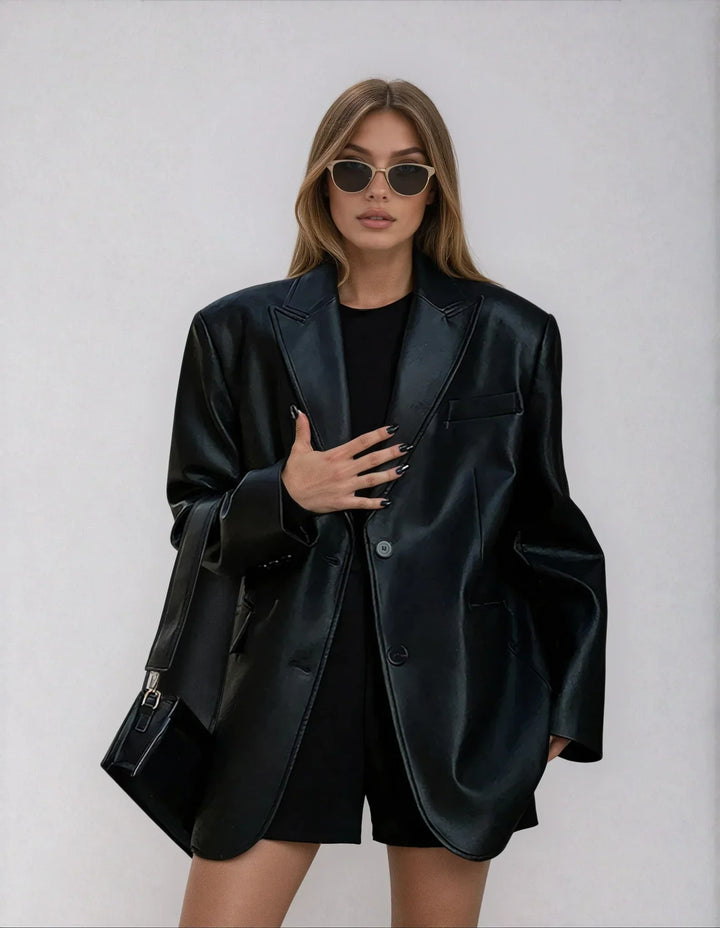 Oversize bunda s koženým efektem, elegantní a moderní pro ženy
