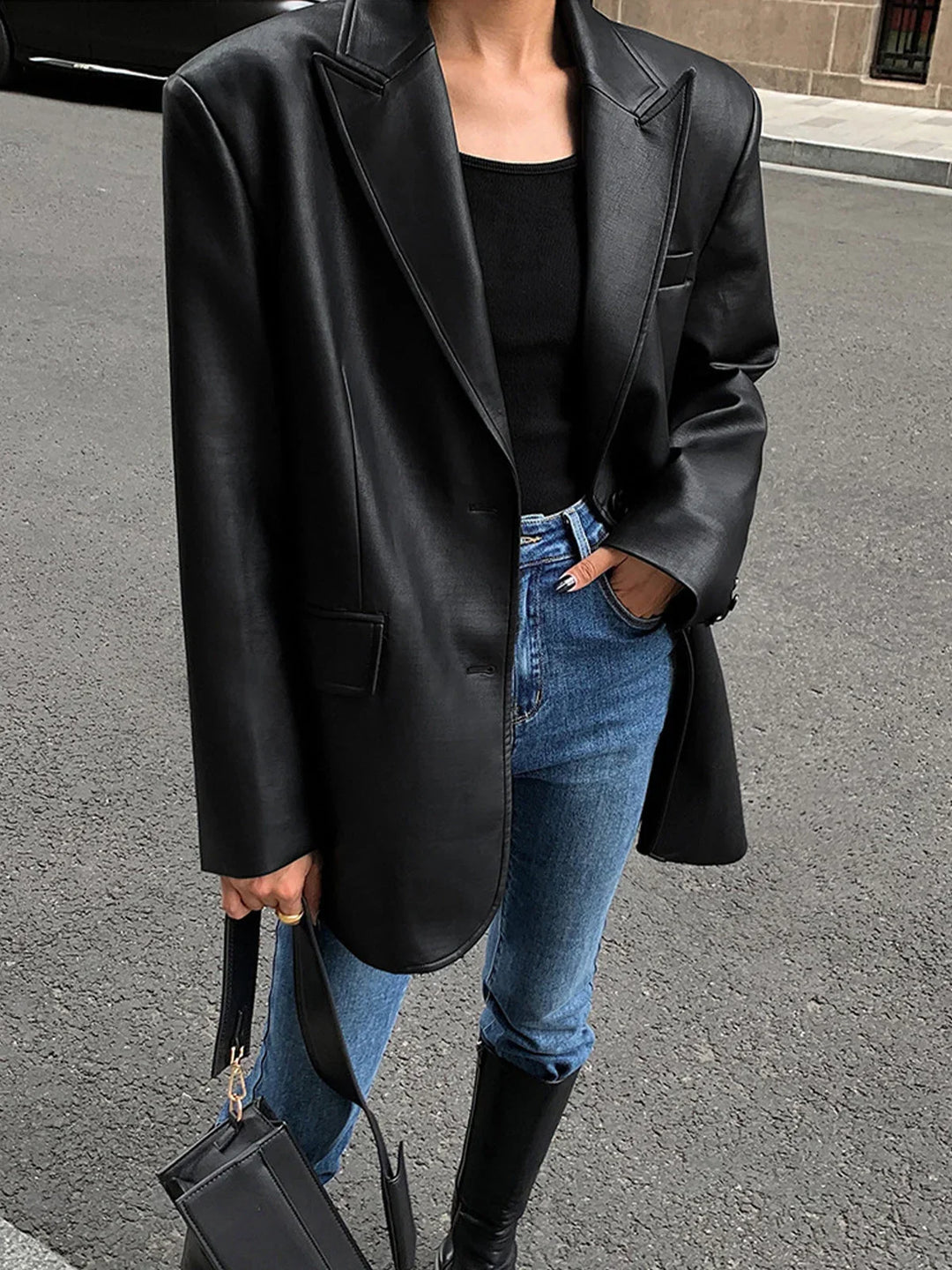 Oversize bunda s koženým efektem, elegantní a moderní pro ženy